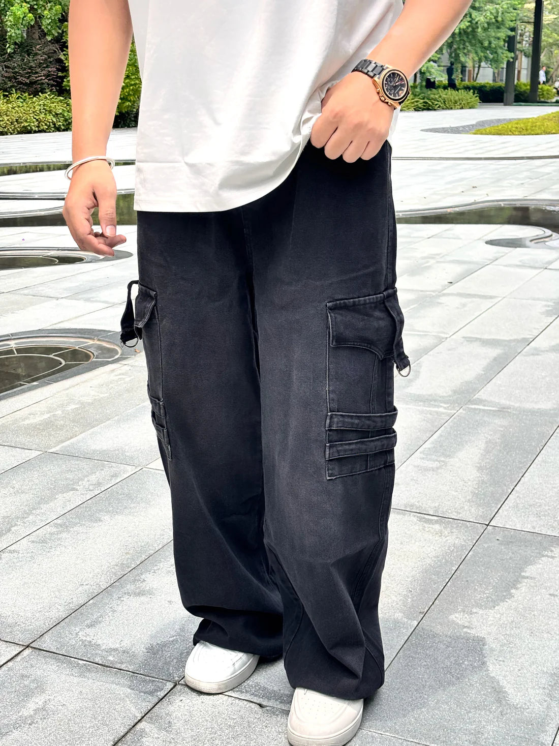 Double Pocket Painted Straight Fit Baggy Pants - BLACK - SET OF 4 PCS ( M L XL XXL ) x Rs.1195