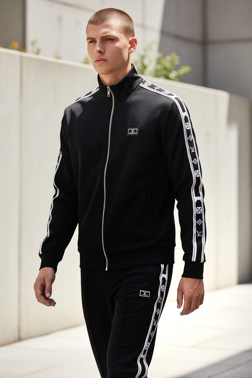 L0UI V1TT0N Premium Tracksuit- Black- SET OF 4 PCS ( M L XL XXL ) x Rs.1395