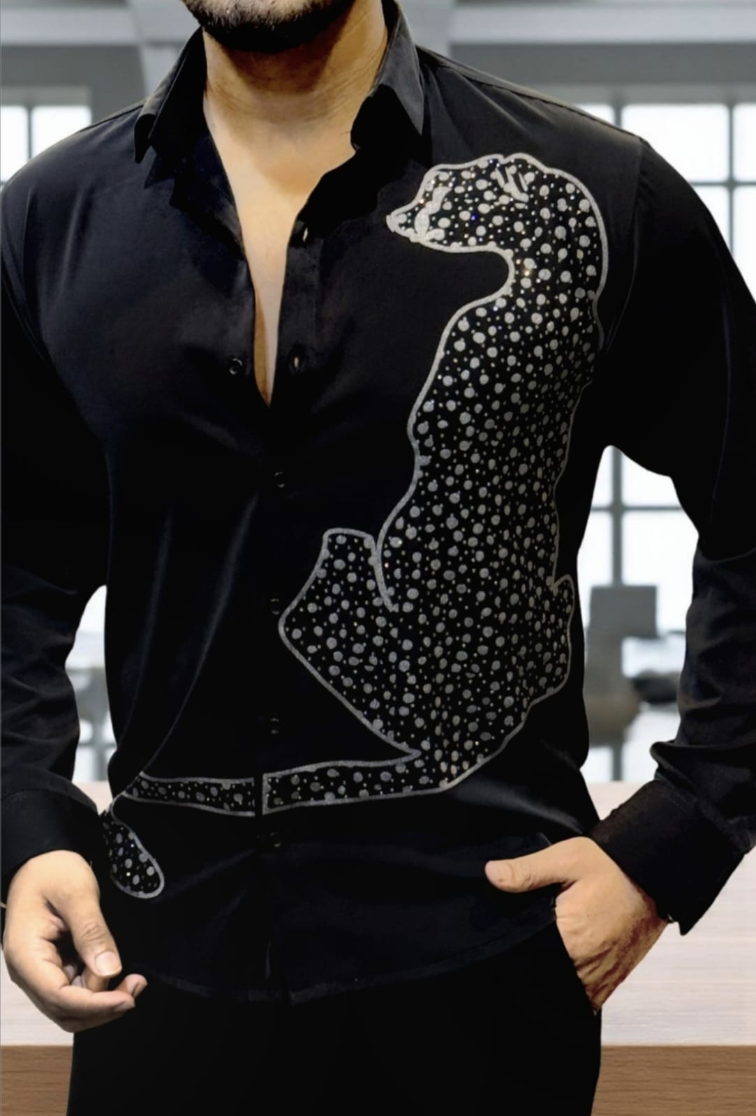 CHINESE FABRIC EMBELLISED SHIRTS- BLACK & WHITE COLOUR