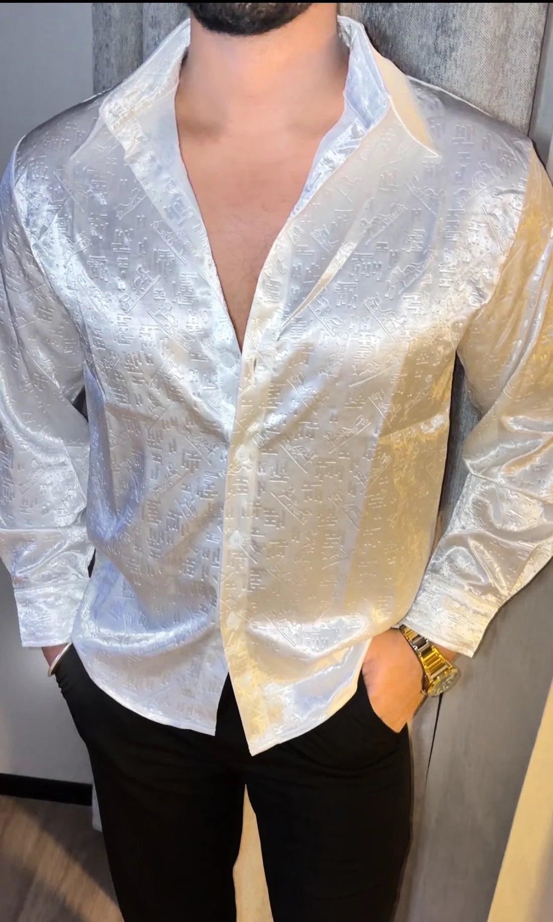 NIGHTSTAND LUXE EMBOSSED ICE SILK LYCRA SHIRT - SET OF 16 PCS ( M L XL XXL ) x Rs. 1395