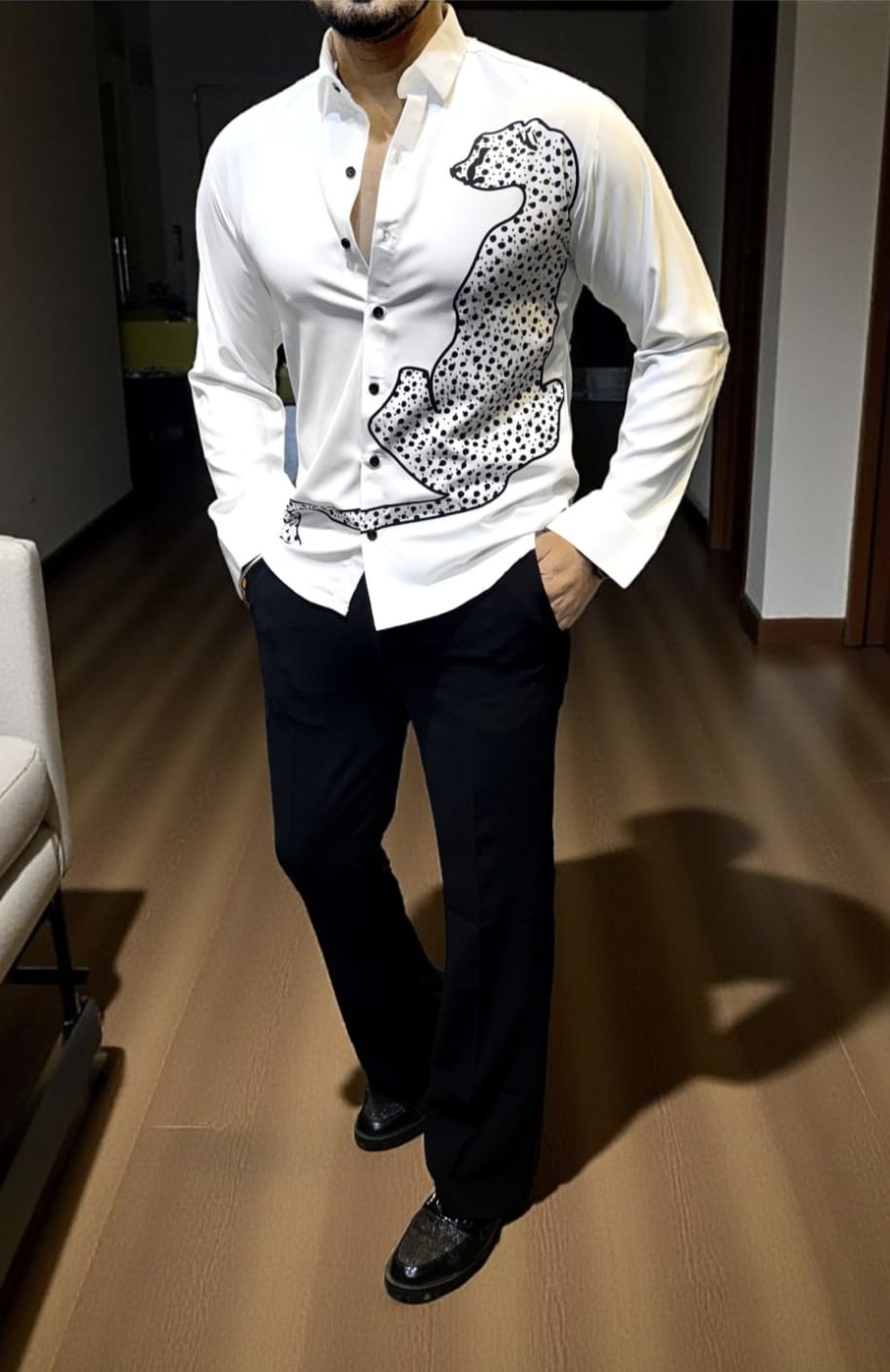 CHINESE FABRIC EMBELLISED SHIRTS- BLACK & WHITE COLOUR